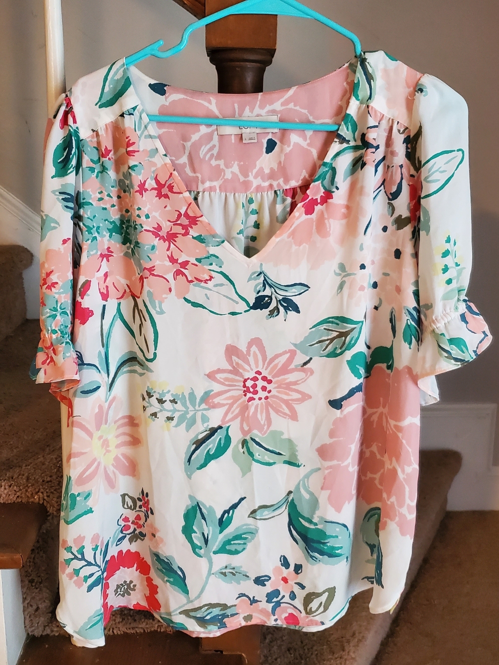 LOFT Cream Floral Long Sleeve V-Neck Blouse in Pink & Green